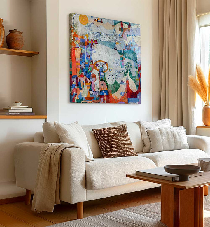 DISTANT VILLAGE , ABSTRACT PAINTINGS canvas with layered muted earth tones, textured abstract village hung above sofa