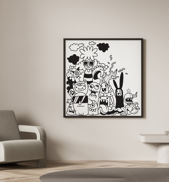 Dizzy Doodlescape B&w Doodle Art Painting in Black Plain Frame it is placed on the wall beside the sofa chair.