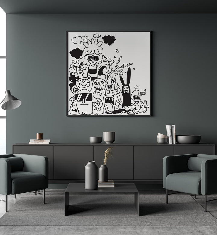 Dizzy Doodlescape B&w Doodle Art Painting in Black Plain Frame it is placed on the wall behind the table.