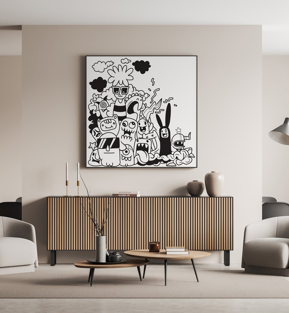 Dizzy Doodlescape B&w Doodle Art Painting in Black Plain Frame it is placed on the wall behind the table.