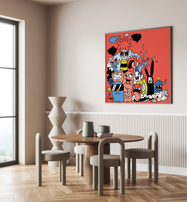 Dizzy Doodlescape Doodle Art Painting in Black Plain Frame it is placed on the wall behind the dining table.