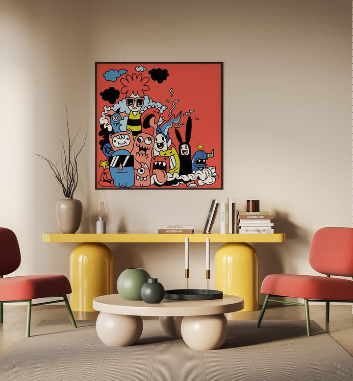 Dizzy Doodlescape Doodle Art Painting in Black Plain Frame it is placed on the wall behind the table.