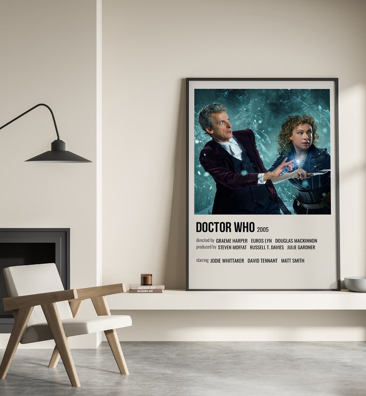 Doctor Who 2005 Movie Posters in Black Plain Frame place on a wall behind a chair beside lamp