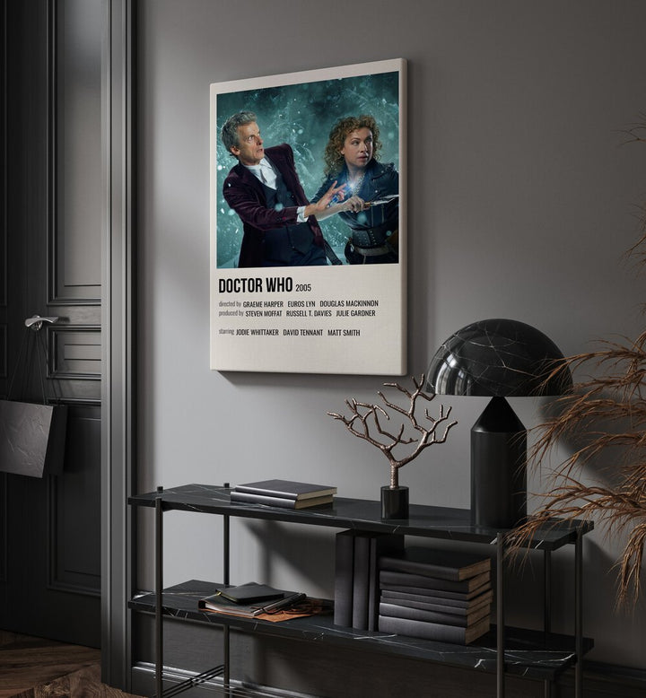 Doctor Who 2005 Movie Posters in Gallery Wrap hanging on wall above console table beside door and window