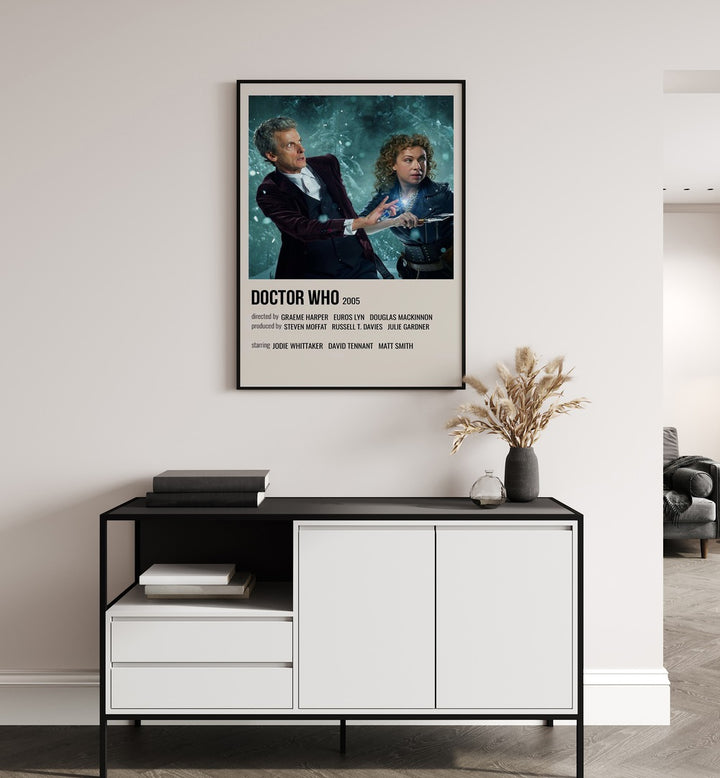 Doctor Who 2005 Movie Posters in Black Plain Frame hanging on wall above console table