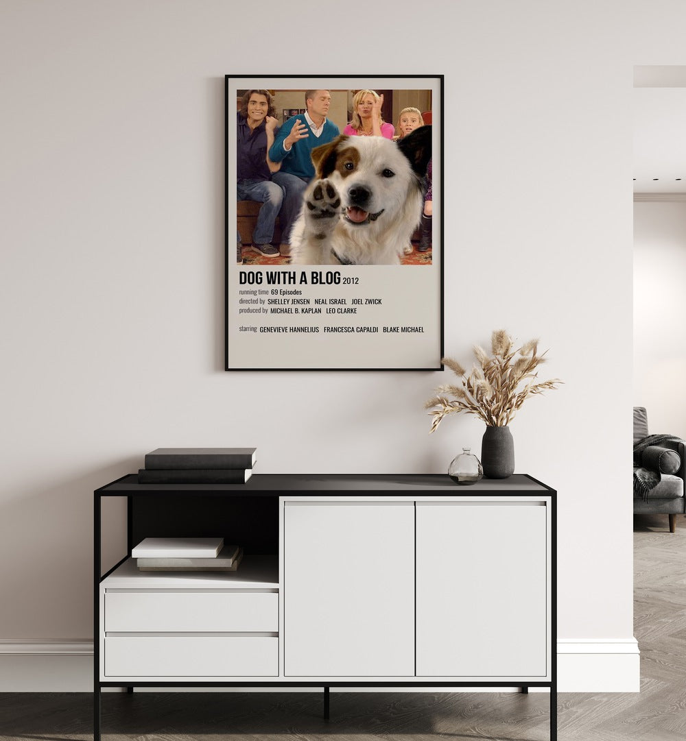 Dog With A Blog 2012 Movie Posters in Black Plain Frame hanging on wall above console table