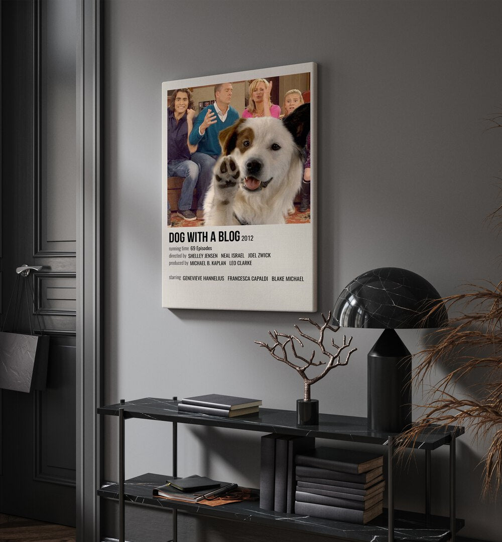 Dog With A Blog 2012 Movie Posters in Gallery Wrap hanging on wall above console table beside door and window