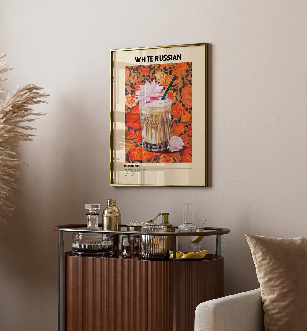 Dominant White Russian Cafe Art Prints Cafe Posters in Gold Plain Frame placed on a wall behind a table 