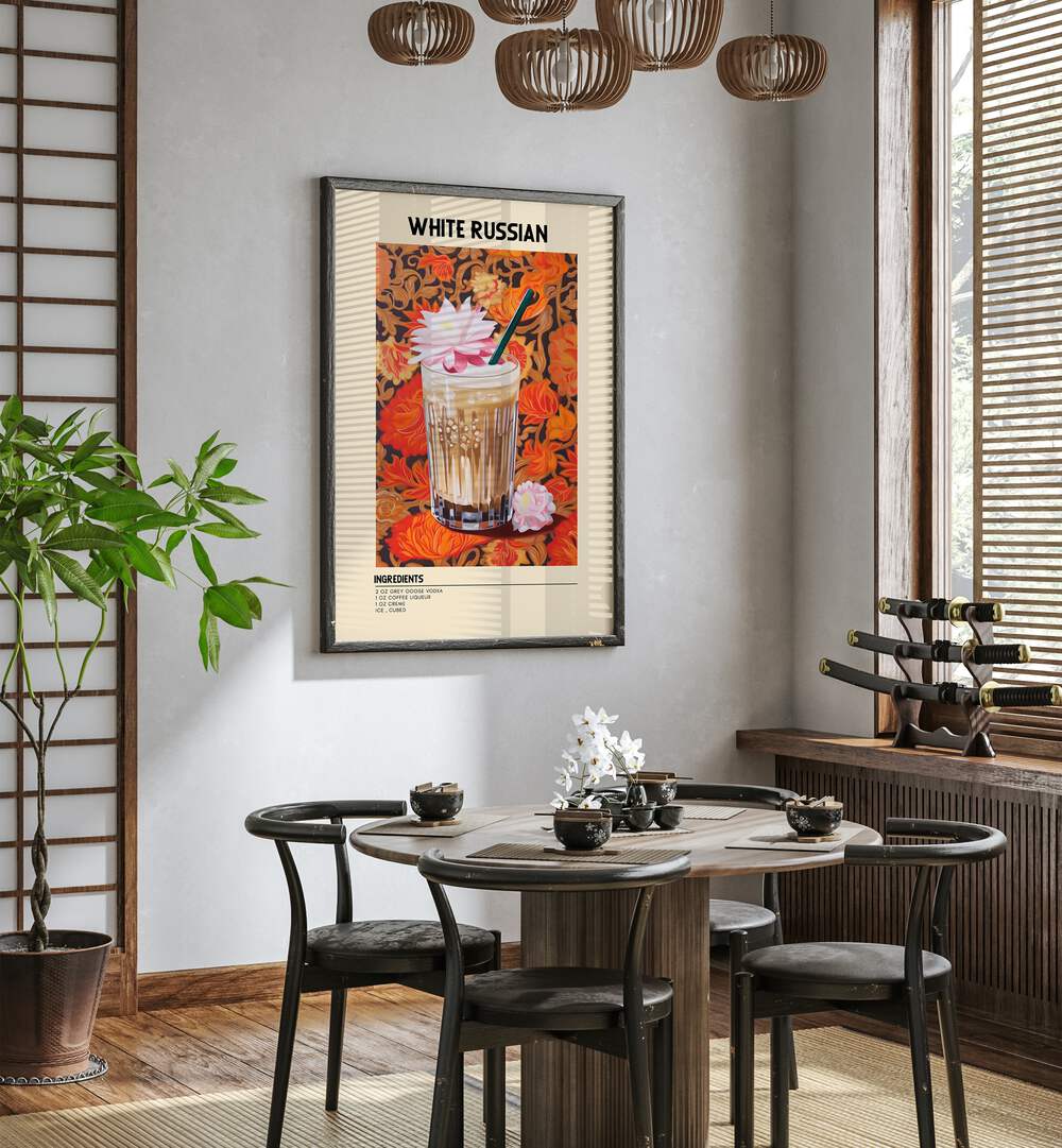 Dominant White Russian Cafe Art Prints Cafe Posters in Black Plain Frame placed on a wall in a dining room area beside a window and behind a dining table