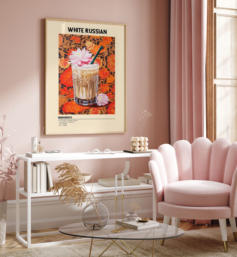 Dominant White Russian Cafe Art Prints Cafe Posters in Oak Wood Plain Frame placed on a wall behind a table