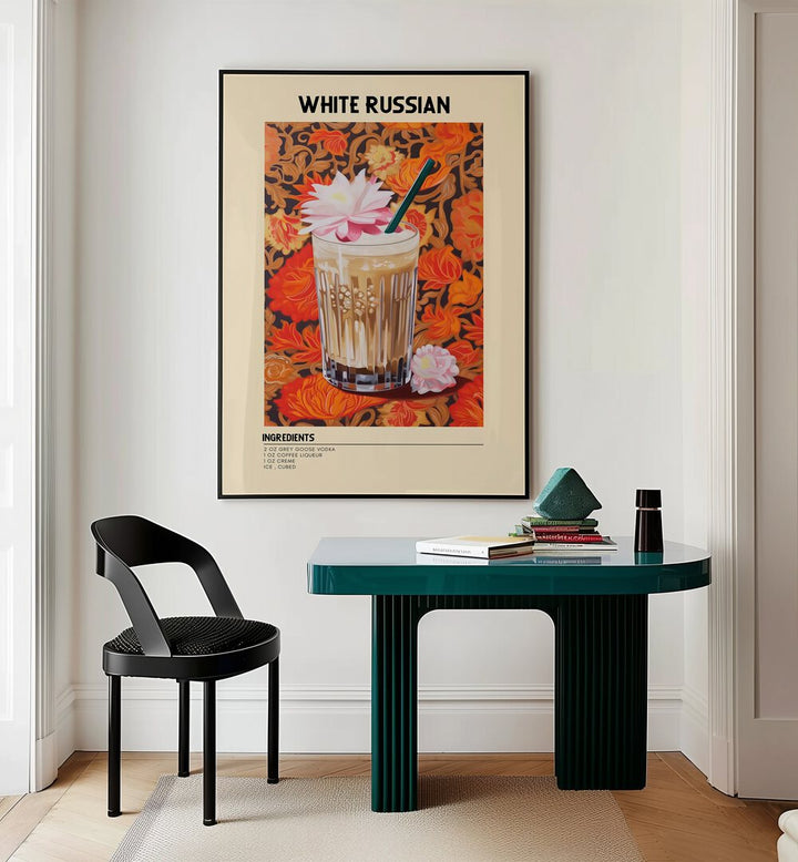 Dominant White Russian Cafe Art Prints Cafe Posters in Black Plain Frame placed on a wall behind a study table