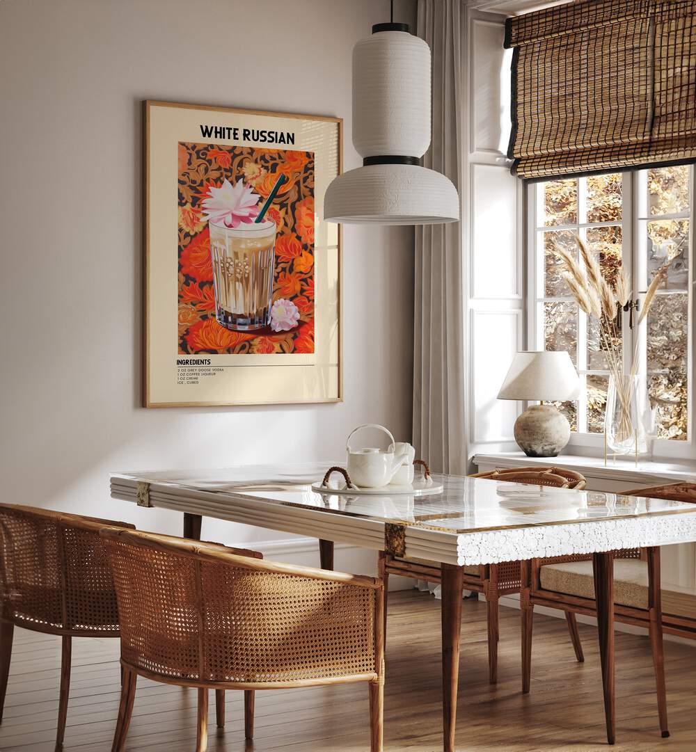 Dominant White Russian Cafe Art Prints Cafe Posters in Oak Wood Plain Frame placed on a wall in a dining room area beside a window and behind a dining table