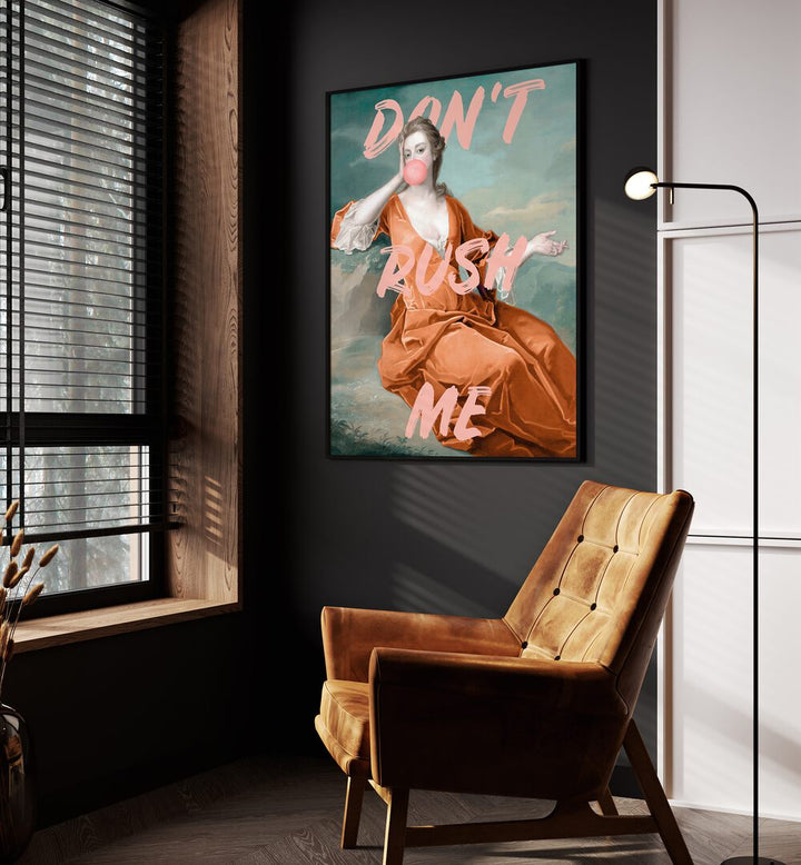 Dont Rush Me IV by Grace Digital Art Co Altered Art Prints in Black Plain Frame placed on a wall beside an orange sofa and a window