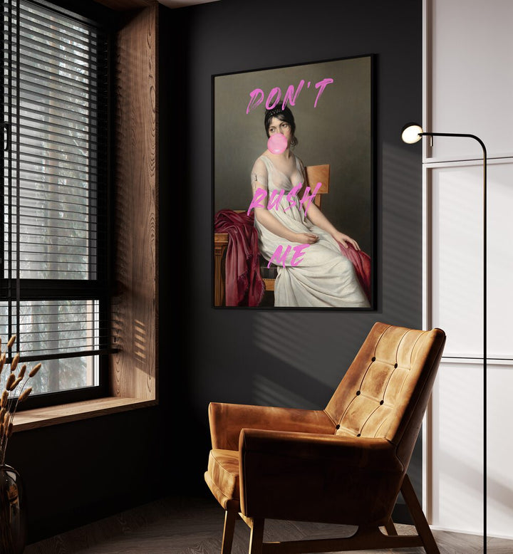 Dont Rush Me VIII by the Art Concept Altered Art Prints in Black Plain Frame placed on a wall beside an orange sofa