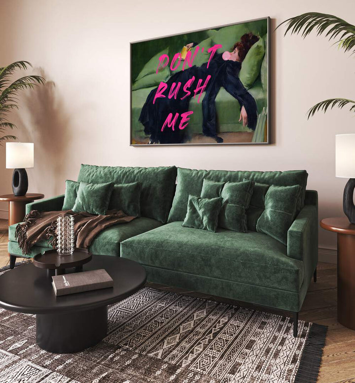 Dont Rush Me Vii by the Art Concept Altered Art Prints in Black Plain Frame placed on a wall behind a sofa for living room