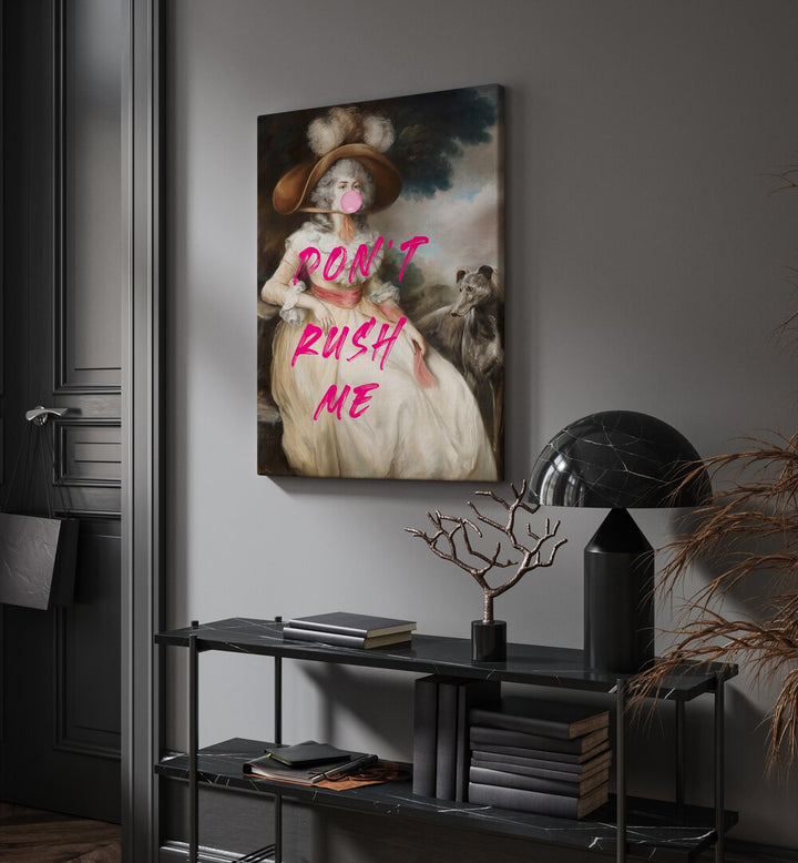 Dont Rush Me by the Art Concept Altered Art Prints in Oak Wood Floater Frame placed on a wall behind a table