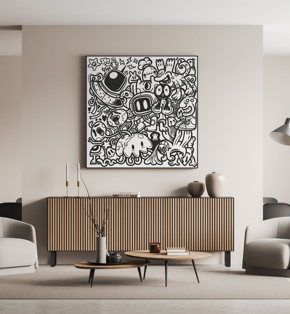 Doodle Dynamo Doodle Doodle Art Painting in Black Plain Frame it is placed on the wall behind the table.