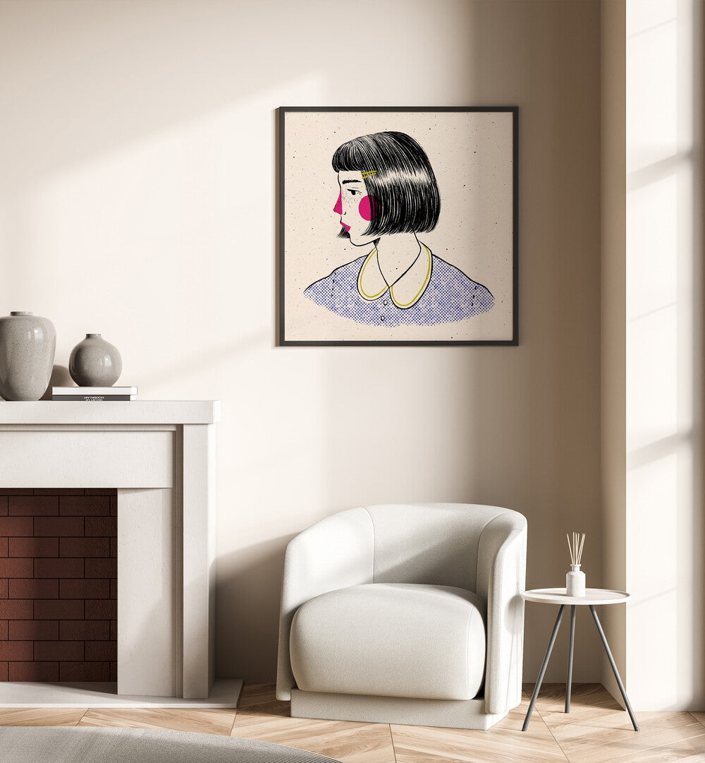 Doodle Portrait By Julia Leister Women Illustration Paintings in Black Plain Frame on a white wall placed behind a sofa