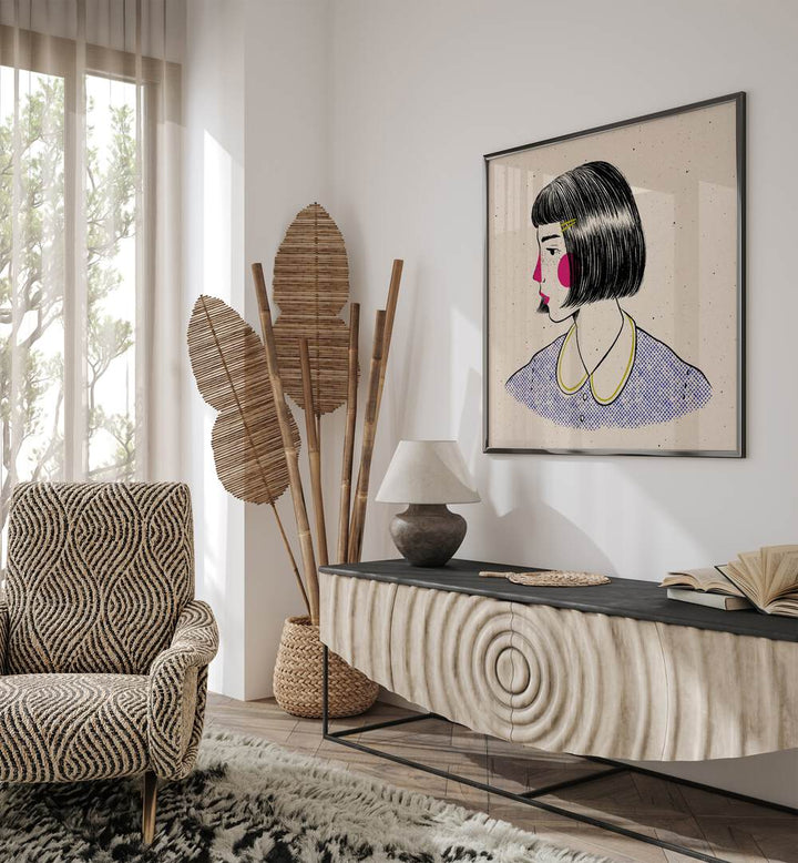 Doodle Portrait By Julia Leister Women Illustration Paintings in Black Plain Frame on a white wall placed behind a table