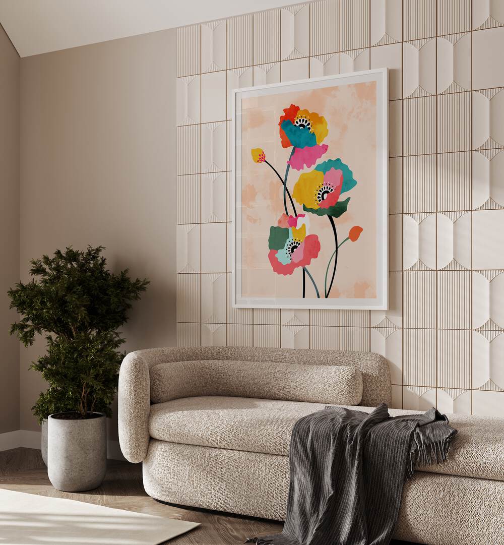 Dopamine Floral By Uma Gokhale Botanical Paintings in White Plain Frame on a wall behind a sofa