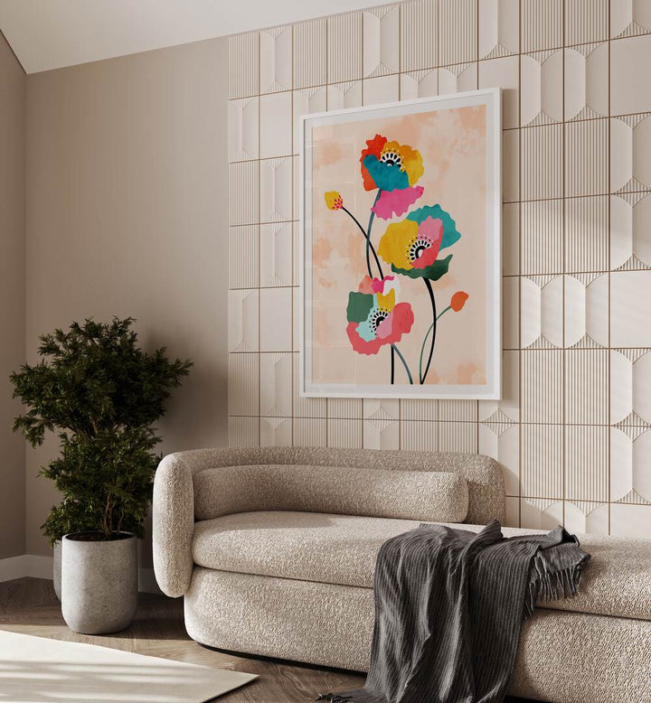 Dopamine Floral By Uma Gokhale Botanical Paintings in White Plain Frame on a wall behind a sofa