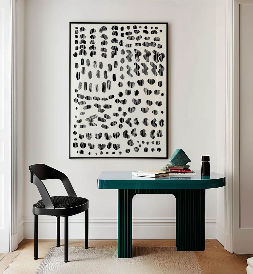 Dots And Strokes By Dan Hobday Abstract Art Abstract Paintings in Black Plain Frame placed on a Cream Colored Wall near a Workspace in the Drawing Room