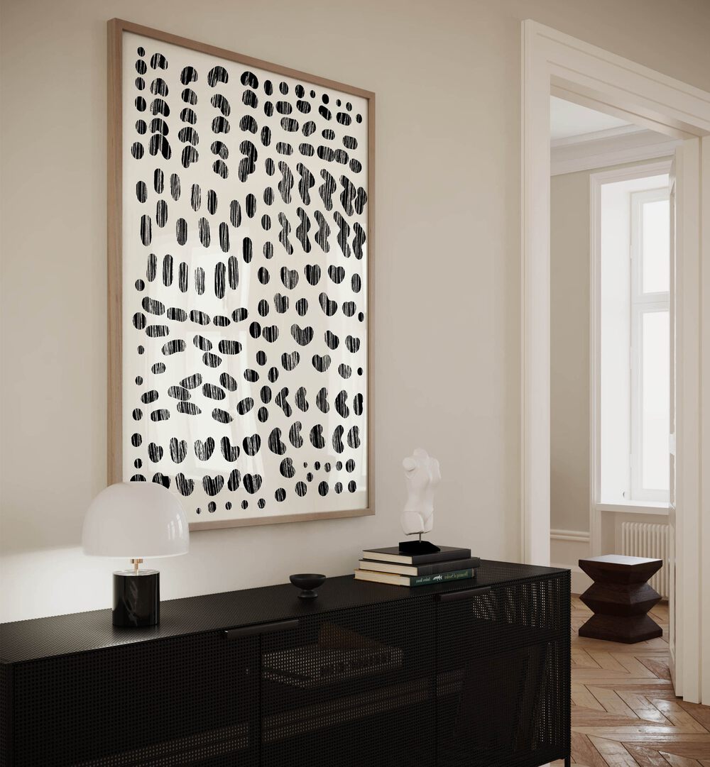 Dots And Strokes By Dan Hobday Abstract Art Abstract Paintings in Oak Wood Plain Frame placed on a Cream Colored Wall above a Console Table in the Alley Way