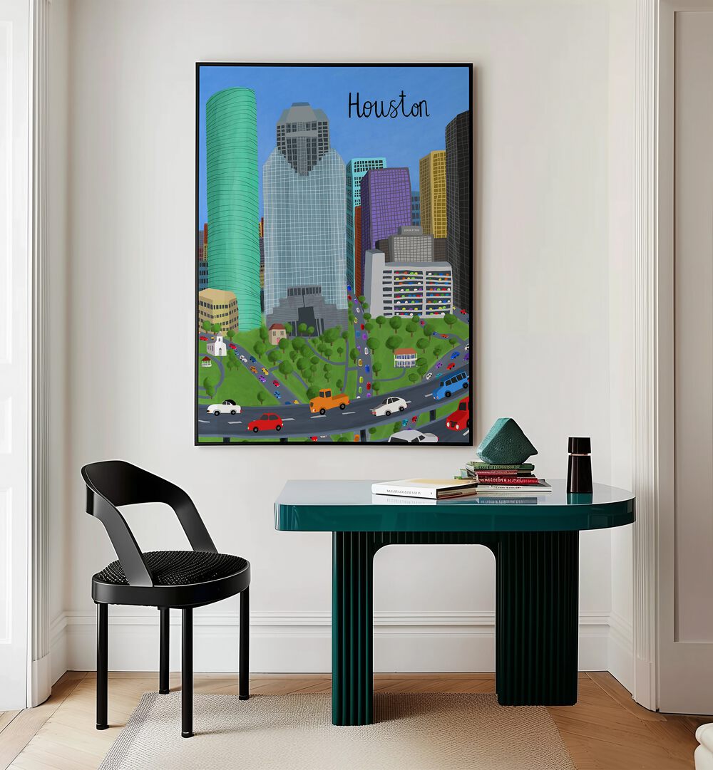 Downtown by Carla Daly Travel Posters in Black Plain Frame placed on a wall behind a study table