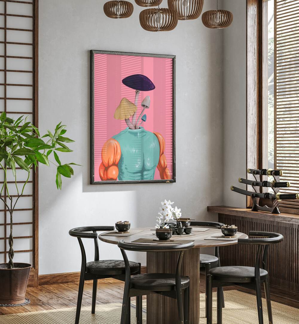 Dr Fun Guy by Famous When Dead Pop Art Paintings Pop Art Prints in Black Plain Frame placed on a wall behind a dining table and beside a window for dining area