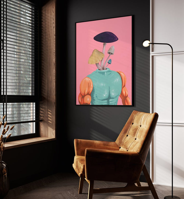 Dr Fun Guy by Famous When Dead Pop Art Paintings Pop Art Prints in Black Plain Frame placed on a wall beside an orange sofa and a window