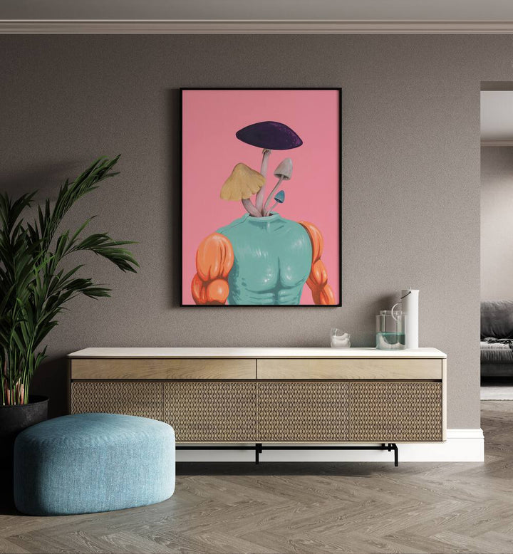 Dr Fun Guy by Famous When Dead Pop Art Paintings Pop Art Prints in Black Plain Frame placed on a wall behind a console table