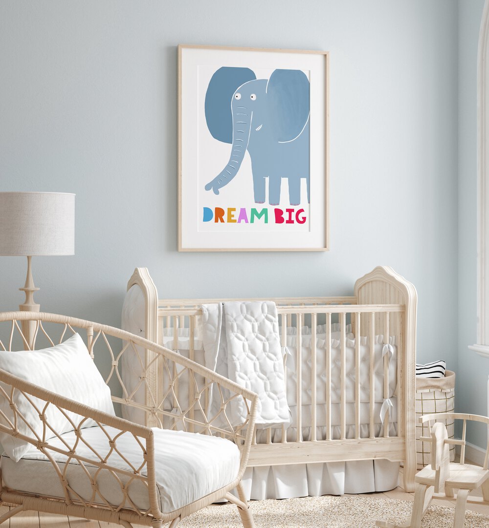 Dream Big Cute Grey Elephant With Text By Carla Daly Kids Painting Placed on wall