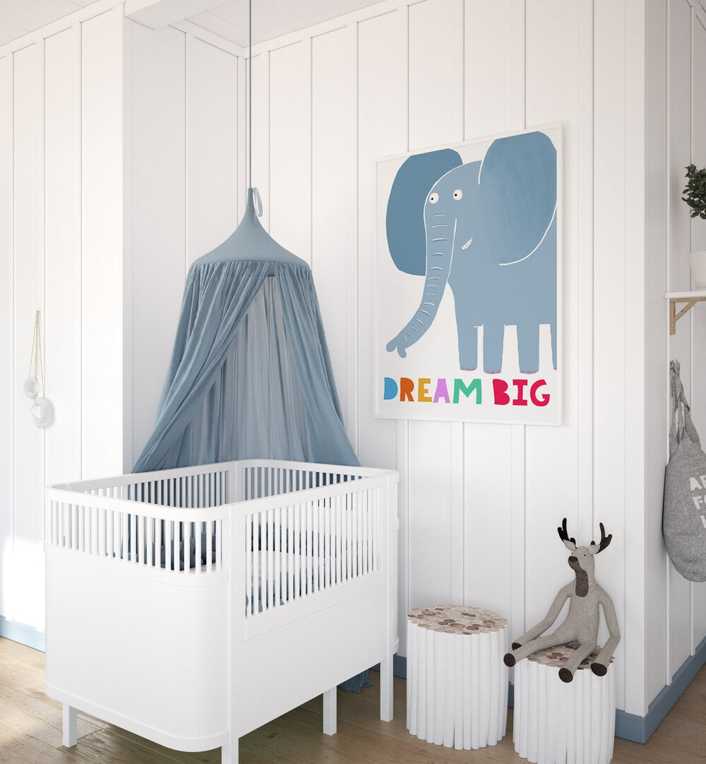 Dream Big Cute Grey Elephant With Text By Carla Daly Kids Painting Placed on wall