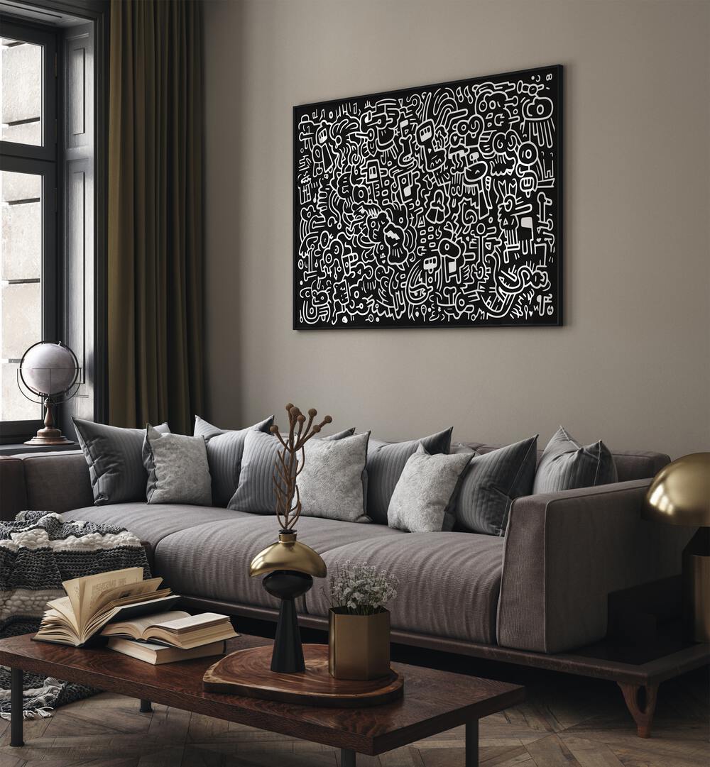 Dream Doodle Ii  Doodle Art Painting in Black Plain Frame it is placed on wall behind sofa.