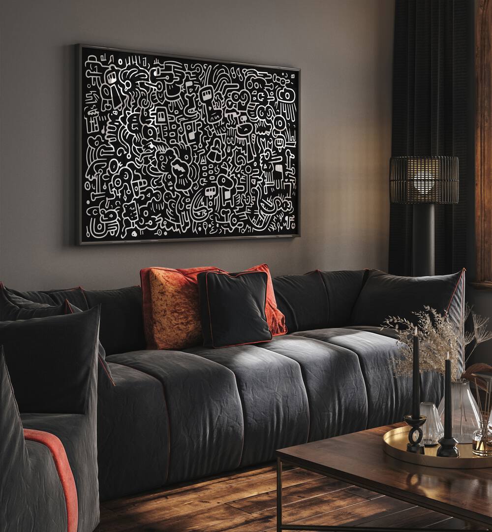 Dream Doodle Ii  Doodle Art Painting in Black Plain Frame it is placed on the wall behind sofa.