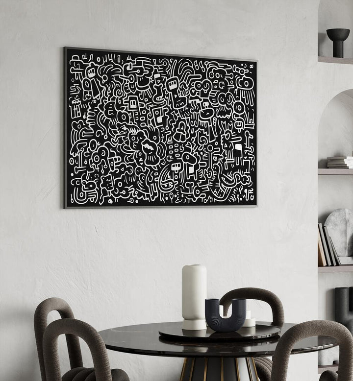 Dream Doodle Ii  Doodle Art Painting in Black Plain Frame it is placed on the wall behind the dining table.