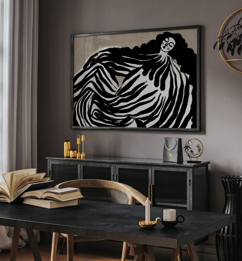 Dream Girl By Treechild Wildlife Art Prints in Black Plain Frame placed on a Grey Colored Wall above a Console Table near a Black Table in a Workspace in the Drawing Room