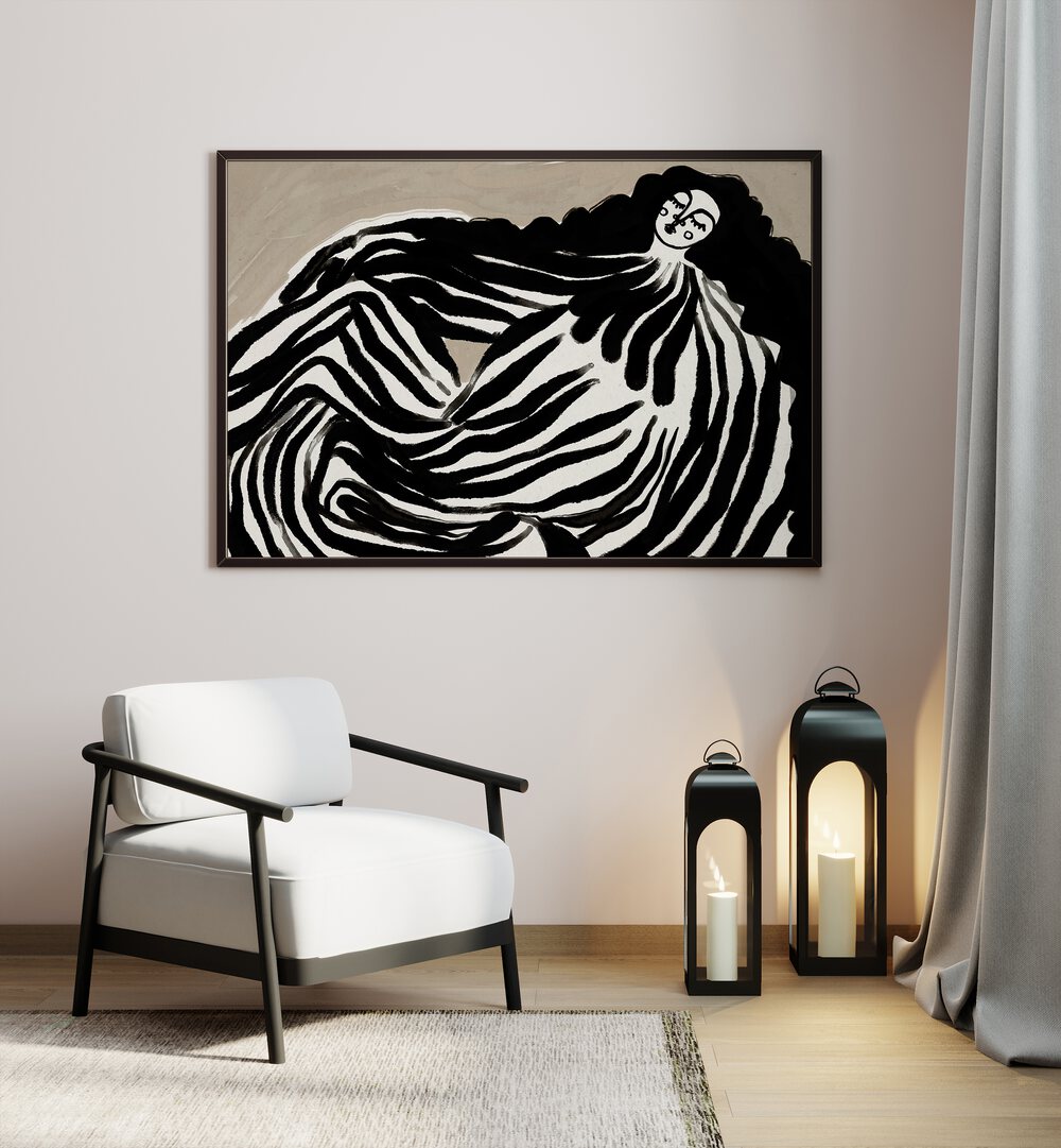 Dream Girl By Treechild Wildlife Art Prints in Black Plain Frame placed on a Cream Colored Wall in the Drawing Room