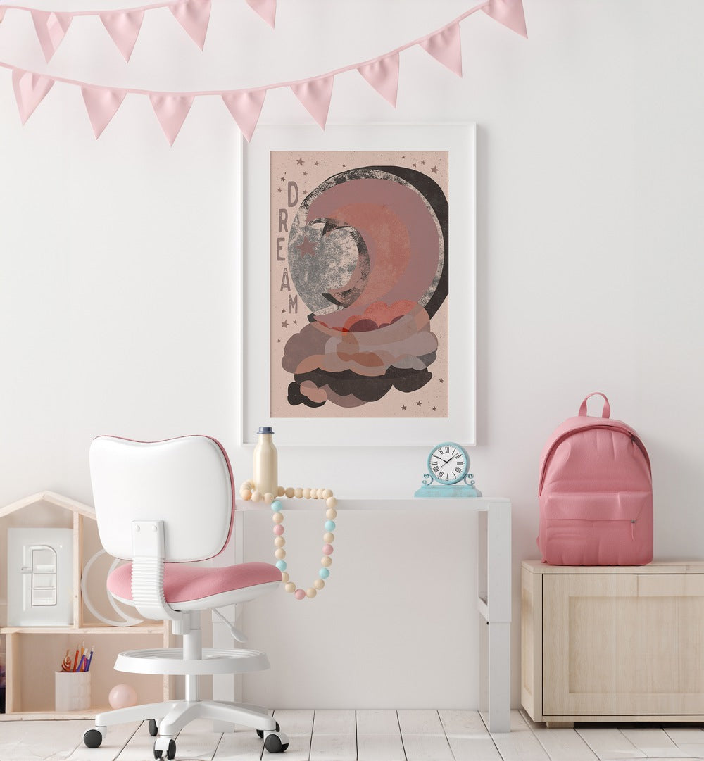 Dream Light Version By Treechild Kids Room Paintings in White Frame With Mount placed on a White Colored Wall in the Kids Room