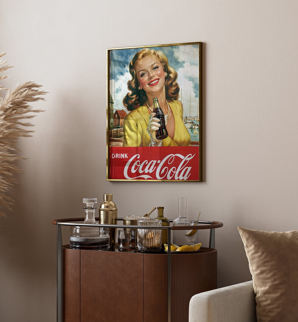 Drink Coke Bar Posters Cafe Art Prints in Gold Plain Frame placed on a Cream Colored Wall in the Drawing Room