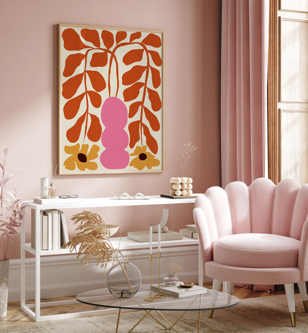 Dropping Orange Fern II By Miho Art Studio Botanical Art Prints Floral Paintings in Oak Wood Plain Frame placed on a Pink Colored Wall above a Console Table in the Drawing Room