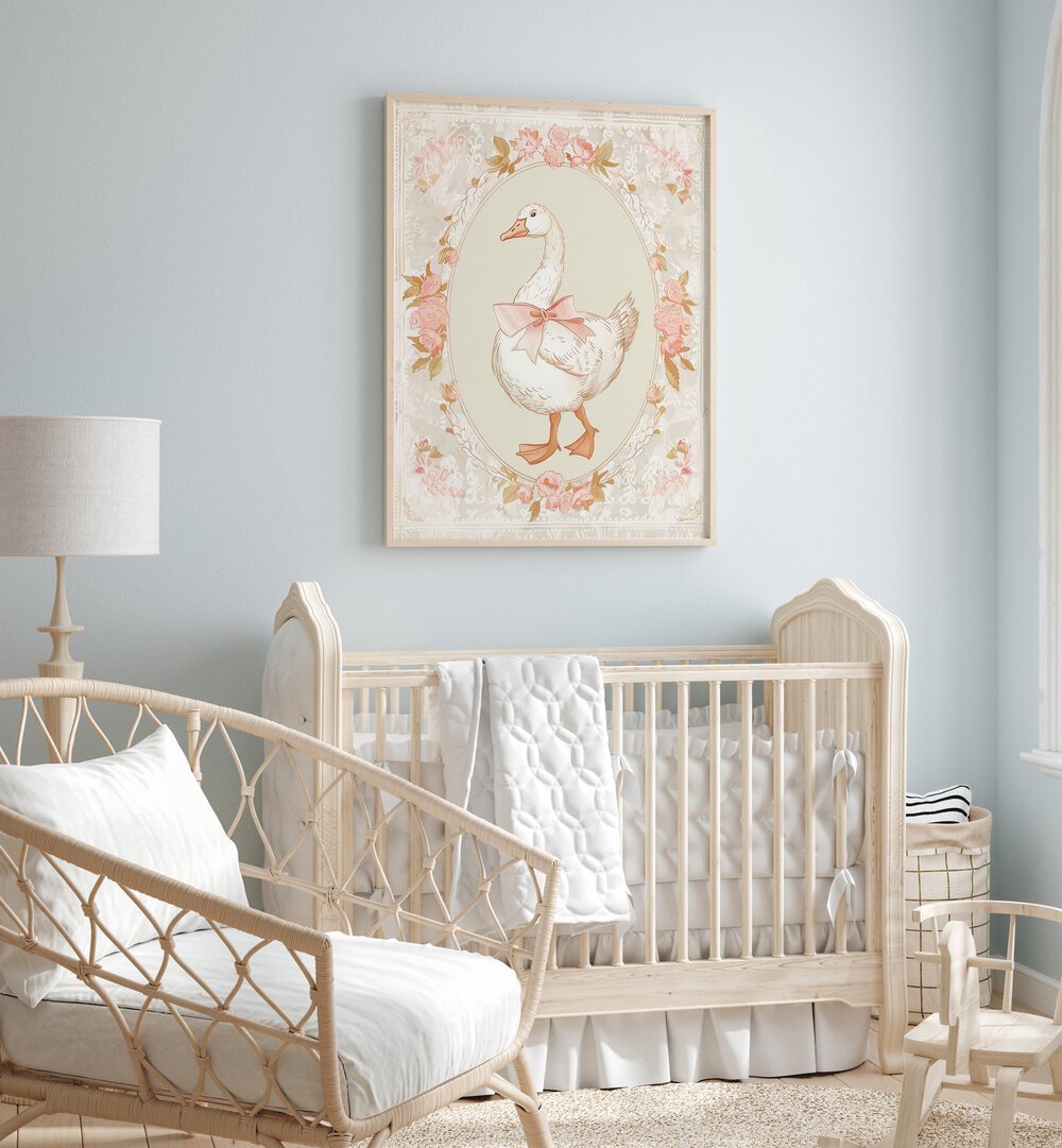 Duck Norris Kids Room Paintings Kids Room Wall Art in Oak Wood Plain Frame placed on a kids room behind an infant's bed 