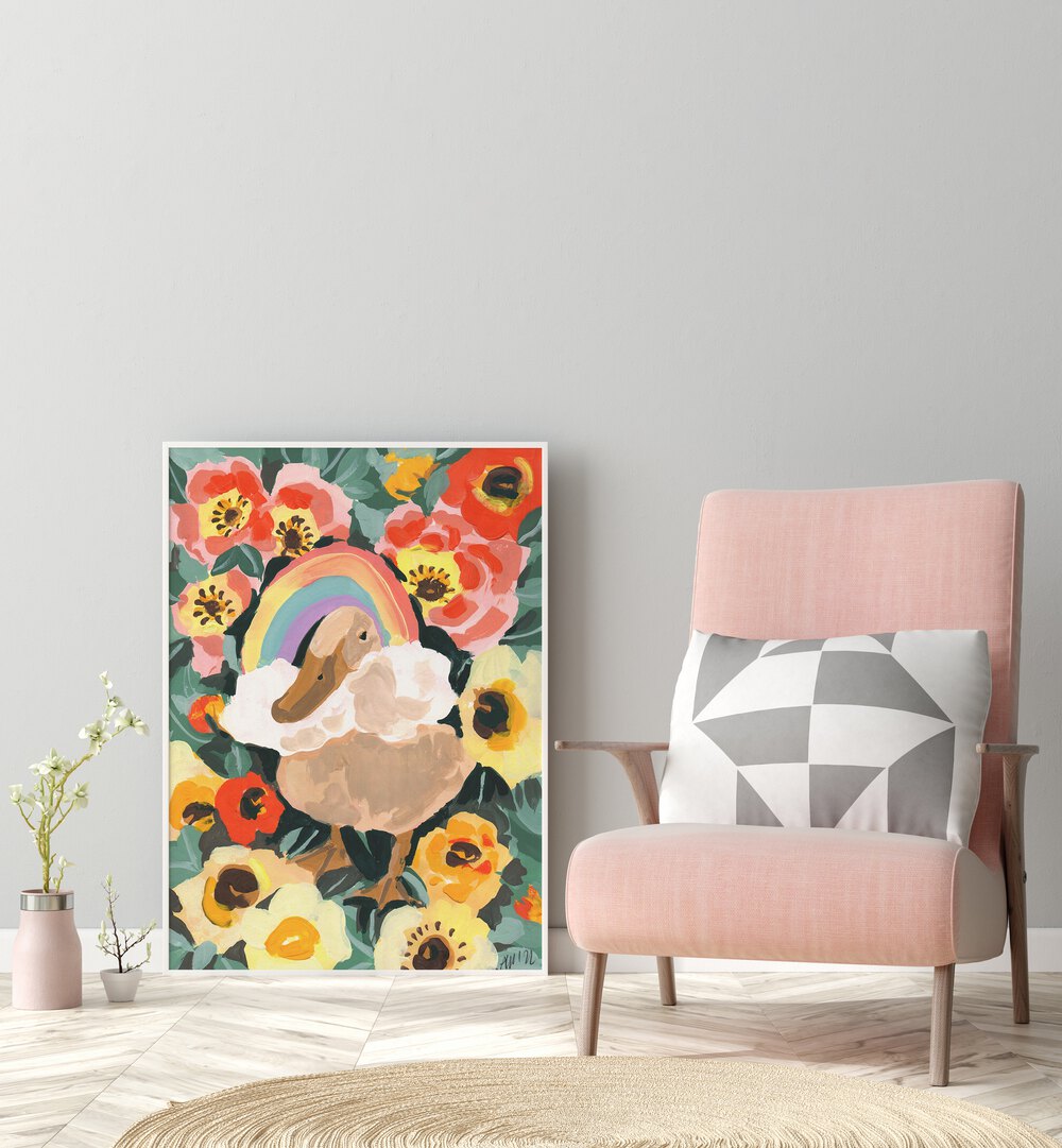 Duck With Rainbow By Ania Zwara Botanical Art Prints Floral Paintings in White Plain Frame placed on the floor near a Grey Colored Wall in the Drawing Room