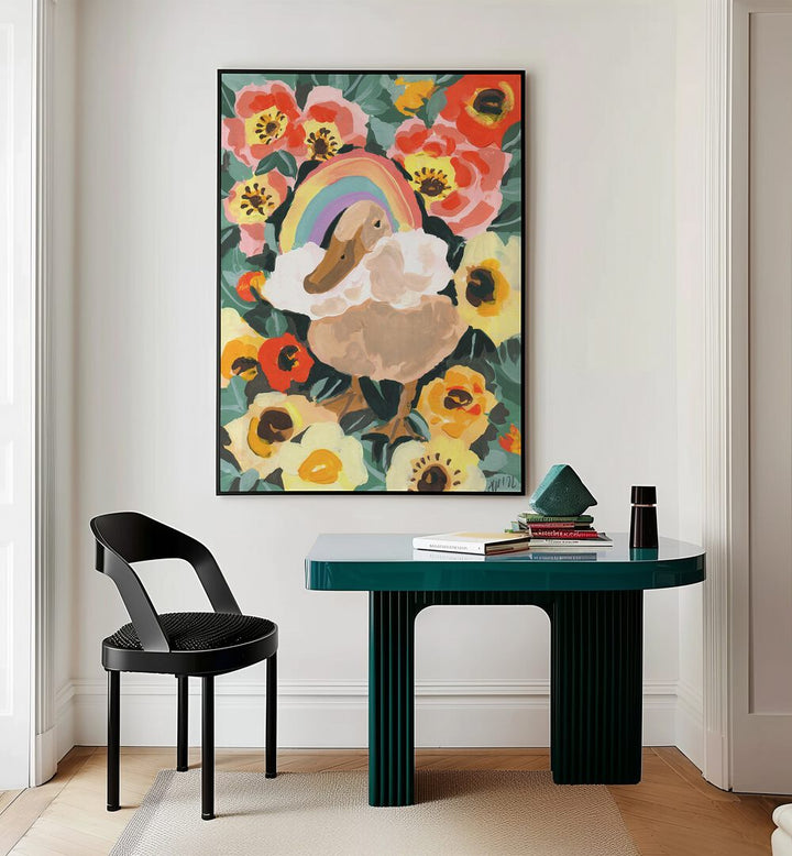 Duck With Rainbow By Ania Zwara Botanical Art Prints Floral Paintings in Black Plain Frame placed on a Cream Colored Wall near a Table in a Workspace in the Drawing Room