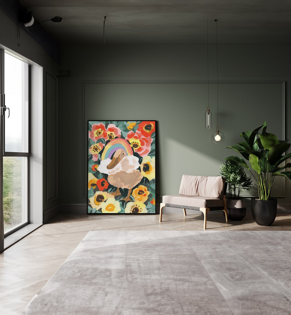 Duck With Rainbow By Ania Zwara Botanical Art Prints Floral Paintings in Black Plain Frame placed on the floor near a Green Colored Wall in the Drawing Room