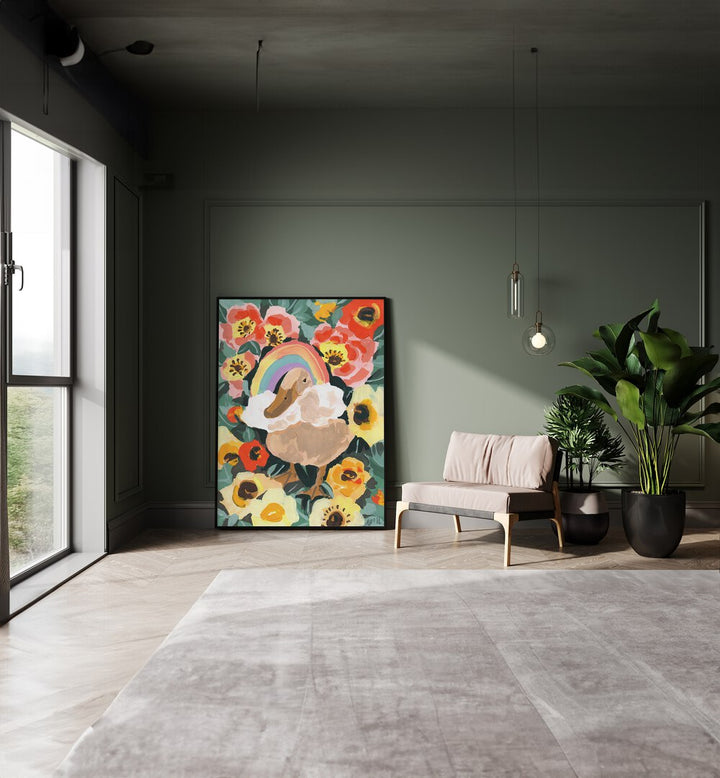 Duck With Rainbow By Ania Zwara Botanical Art Prints Floral Paintings in Black Plain Frame placed on the floor near a Green Colored Wall in the Drawing Room