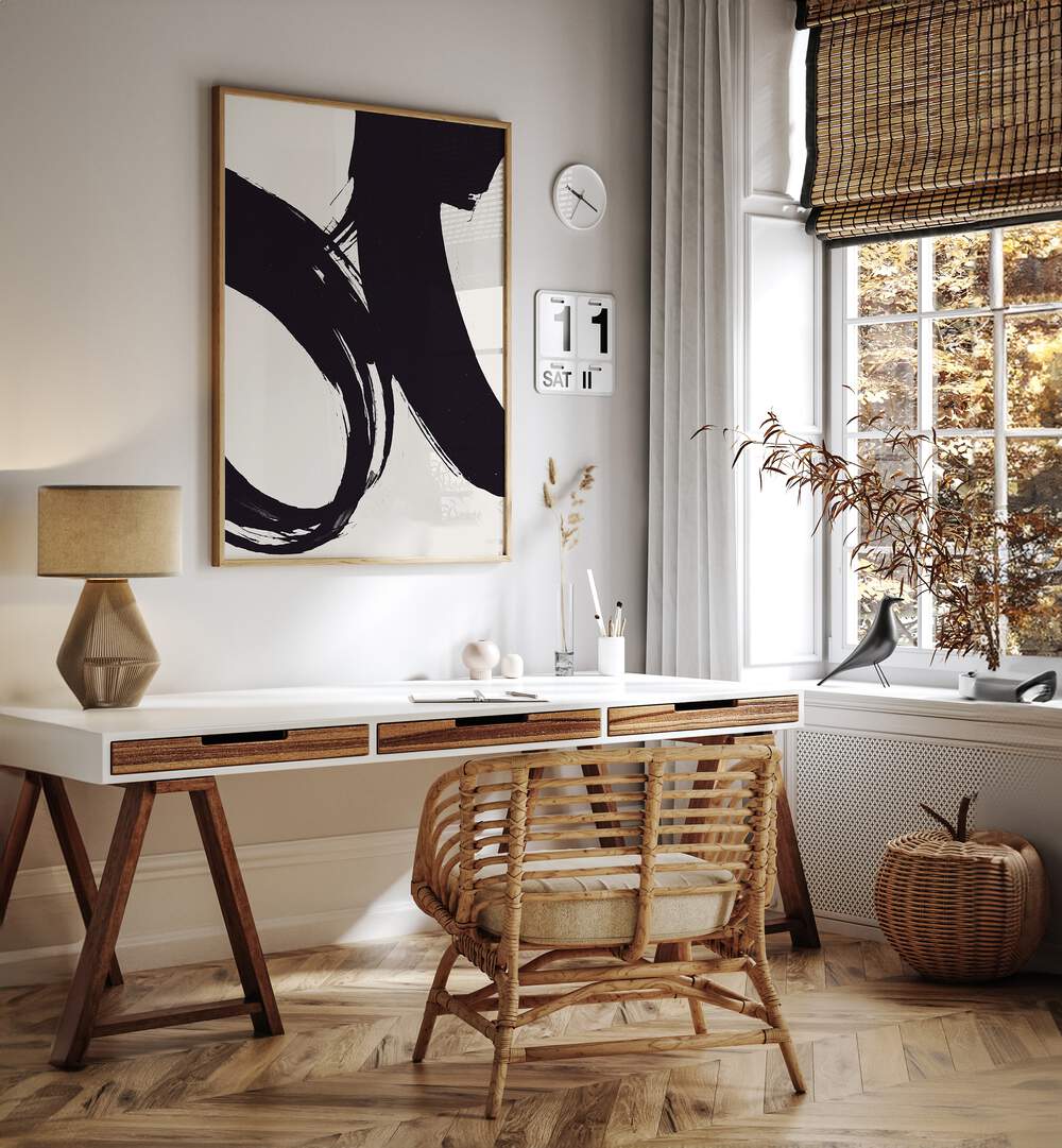 Dune Abstract Paintings Abstract Art Prints in Oak Wood Plain Frame placed on a White Colored Wall near a Study Table in a Workspace in the Drawing Room