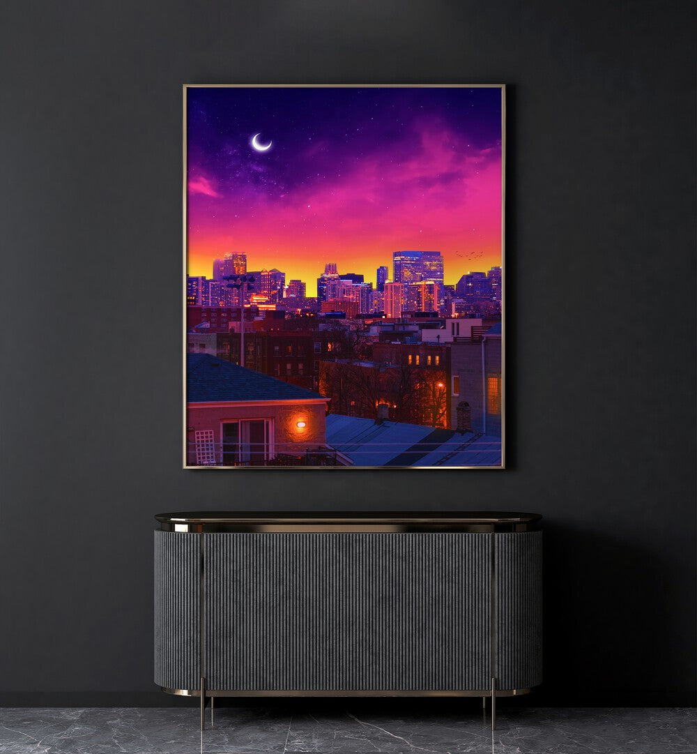 Dusk In Chicago By Ritvik Takkar Surrealism in Gold Plain Frame placed on a Dark Grey Colored Wall in the Drawing Room