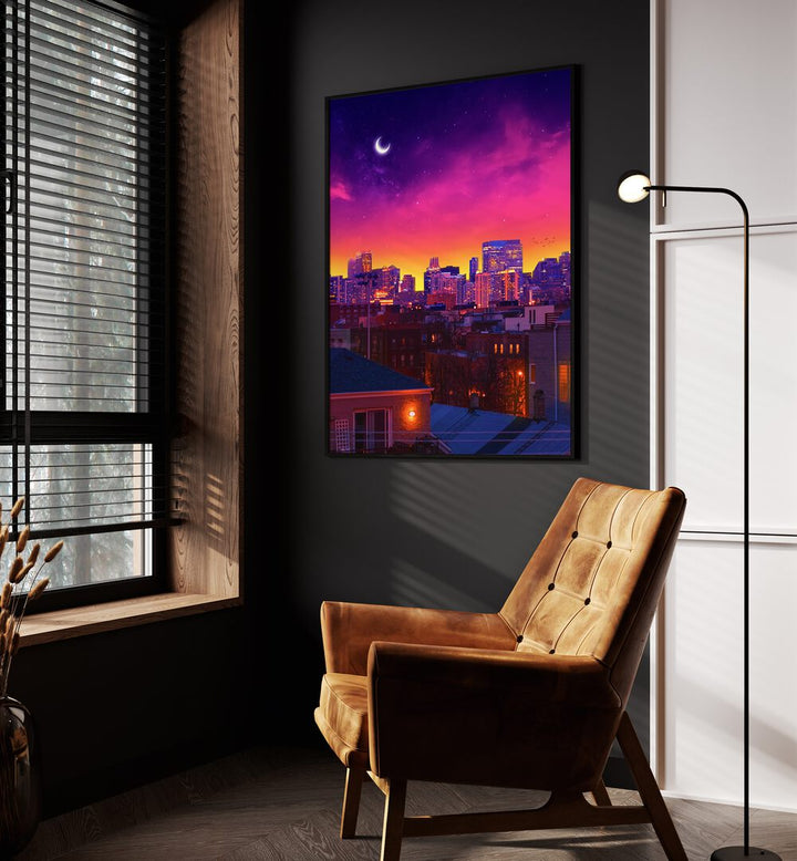 Dusk In Chicago By Ritvik Takkar Surrealism in Black Plain Frame placed on a Dark Grey Colored Wall in the Drawing Room