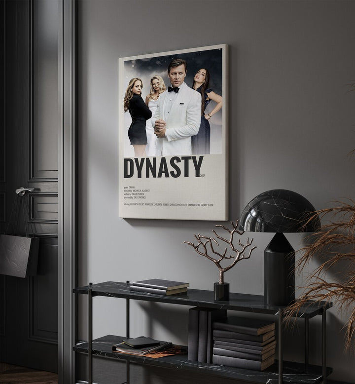 Dynasty 2017 ii Movie Posters in Gallery Wrap hanging on wall above console table beside door and window